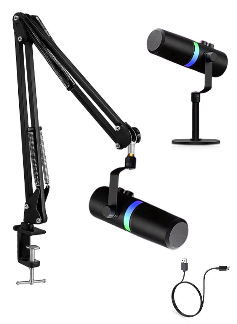 ABJ XLR/USB-C Dynamic Podcast Microphone – PC Computer Gaming Streaming Mic with RGB Light, Mute Button, Headphone Jack – Dual Stand Set: Boom Arm & Table Stand Included – For Recording, Vocal, Voice-Over - Image 1