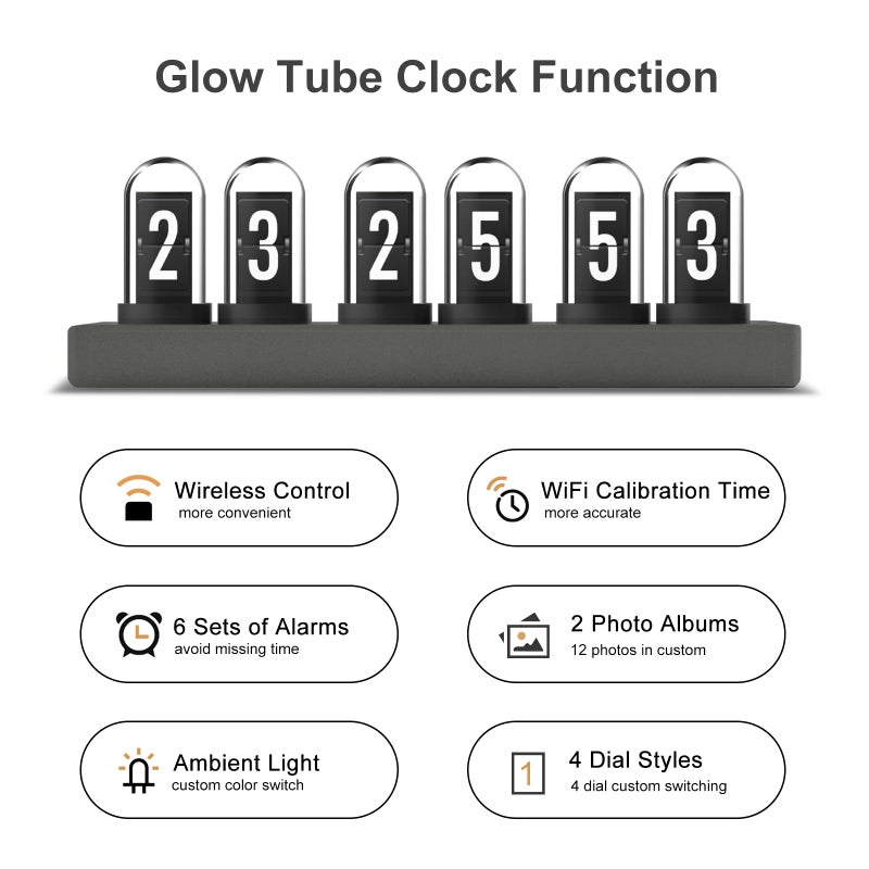 JoFomp Nixie Tube Clock Kit, IPS Color Screen Desk Digital Clock, Glow Tube Nixie Clocks with Web Control/WiFi Accurate Timing/Custom Dial/6 Digital Alarm/12 Pictures/Ambient Light Regulate - Image 2