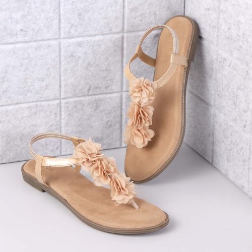 Mochi Women Beige Floral T-Strap Comfortable Casual Sandals UK/6 EU/39 (33-916) - Image 2