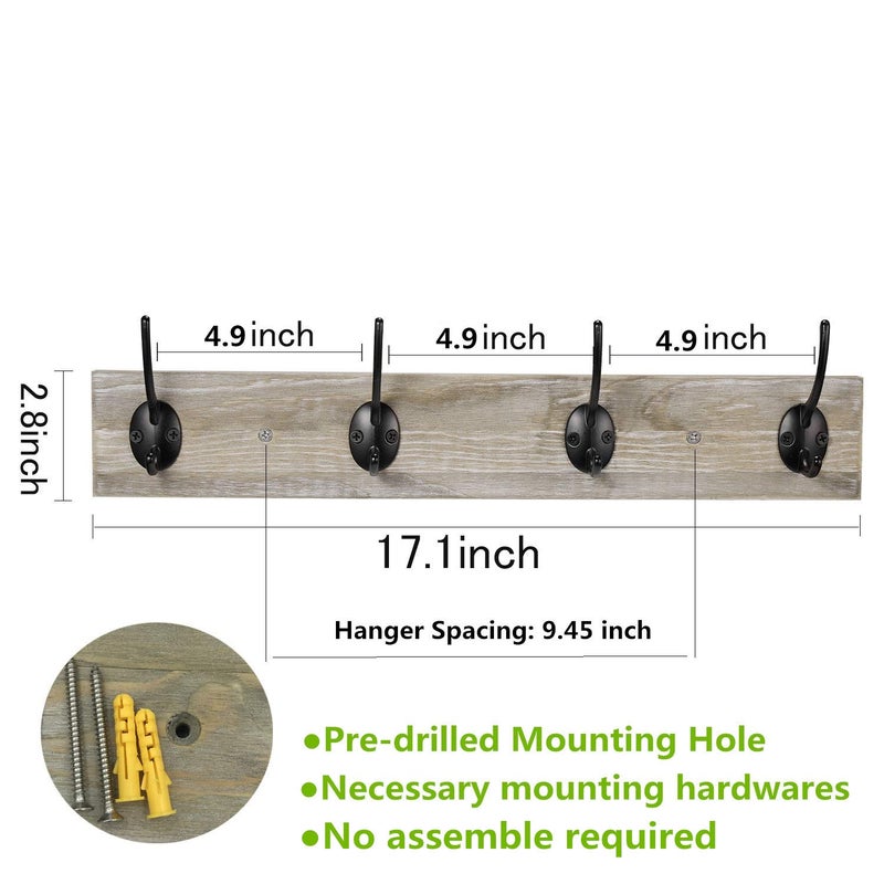 Sageme Wall Mounted Coat Rack, Wooden Entryway Vintage Rustic Coat Rack Hat Hanger Rack Zinc die-cast 4-Hook Rail for The Entryway, Bathroom, Bedroom, Kitchen, Mudroom Pinewood Alloy 4-Hook - Image 2