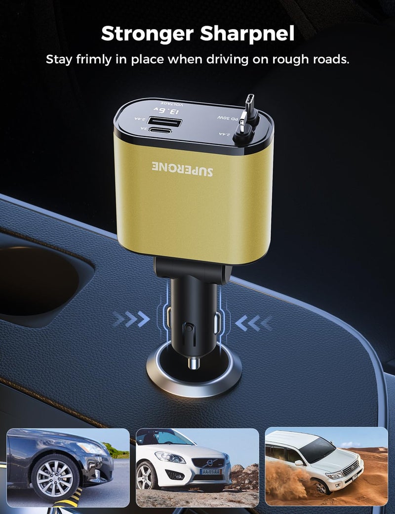 SUPERONE ã€Upgradedã€‘ SUPERONE Retractable Car Charger 4 in 1, Fast Car Phone Charger with Cord 2.6ft, USB C and Apple Car Charger Adapter, Compatible with iPhone 17/16/15/15 Pro Max/14/13/12/11, Galaxy, Pixel - Image 2