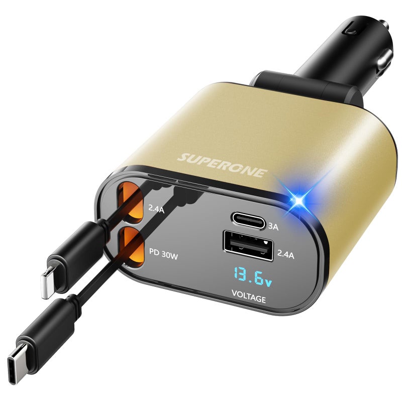 SUPERONE ã€Upgradedã€‘ SUPERONE Retractable Car Charger 4 in 1, Fast Car Phone Charger with Cord 2.6ft, USB C and Apple Car Charger Adapter, Compatible with iPhone 17/16/15/15 Pro Max/14/13/12/11, Galaxy, Pixel - Image 1