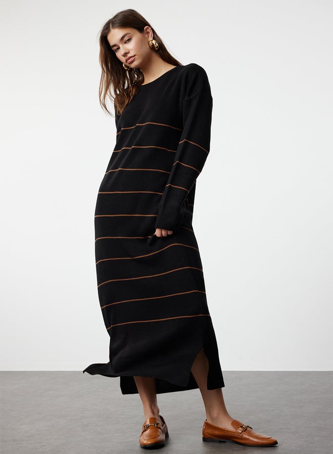 trendyol Black Brown Striped Long Knitwear Dress - Image 2
