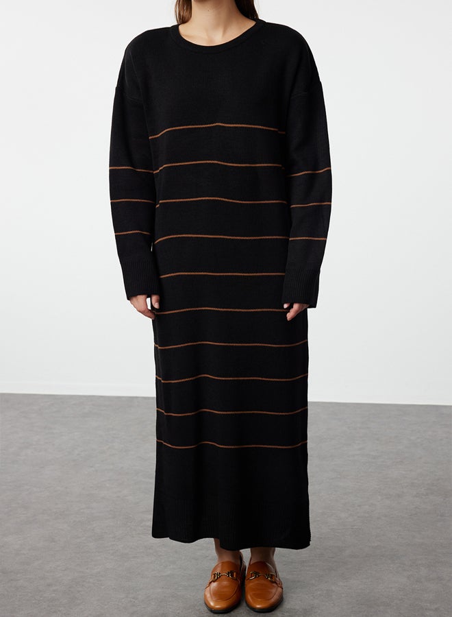 trendyol Black Brown Striped Long Knitwear Dress - Image 4