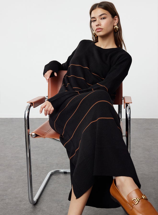 trendyol Black Brown Striped Long Knitwear Dress - Image 1