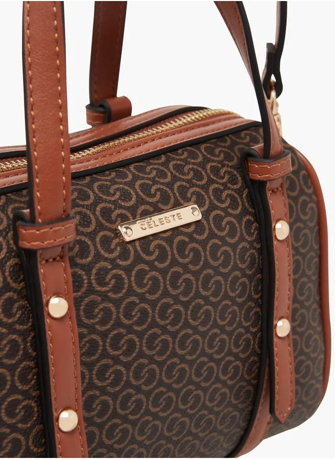 Celeste Women All-Over Monogram Print Tote Bag with Detachable Strap and Zip Closure