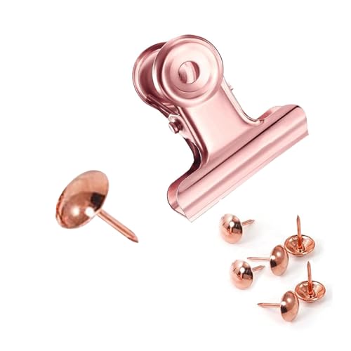 YUCHIYA 20 Pack Bulldog Clips with Push-pins for Corkboard,Metal Clips for Crafts, Metal Binder Clips for Pictures, Spring Paper Clamps for Office Documents (Rose Gold,1.2inch) - Image 1
