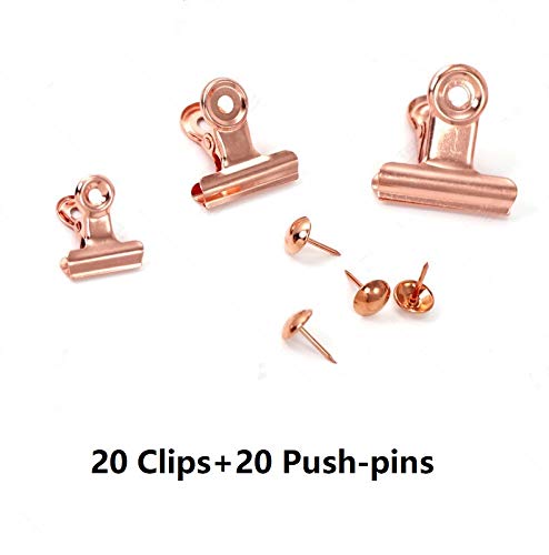 YUCHIYA 20 Pack Bulldog Clips with Push-pins for Corkboard,Metal Clips for Crafts, Metal Binder Clips for Pictures, Spring Paper Clamps for Office Documents (Rose Gold,1.2inch) - Image 2