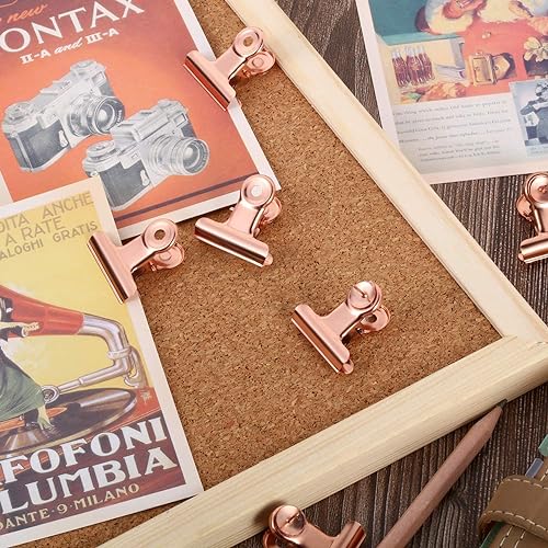 YUCHIYA 20 Pack Bulldog Clips with Push-pins for Corkboard,Metal Clips for Crafts, Metal Binder Clips for Pictures, Spring Paper Clamps for Office Documents (Rose Gold,1.2inch) - Image 3