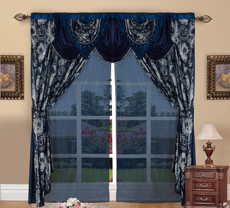 GLORY RUGS Jacquard Luxury Window 2 Panel Set Navy Curtain with Attached Valance and Backing Bedroom Living Room Dining 2 Curtains 55x84 inches Each Jana - Image 2