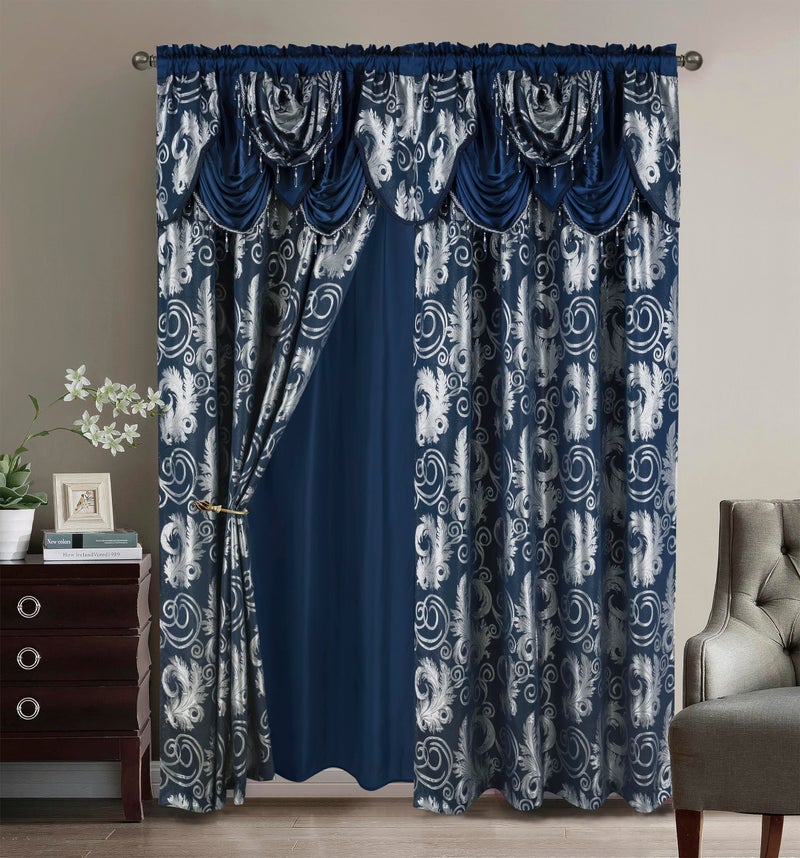 GLORY RUGS Jacquard Luxury Window 2 Panel Set Navy Curtain with Attached Valance and Backing Bedroom Living Room Dining 2 Curtains 55x84 inches Each Jana - Image 1