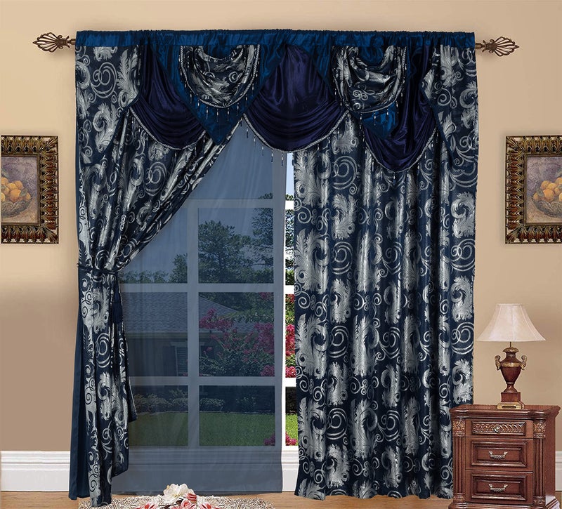 GLORY RUGS Jacquard Luxury Window 2 Panel Set Navy Curtain with Attached Valance and Backing Bedroom Living Room Dining 2 Curtains 55x84 inches Each Jana - Image 3