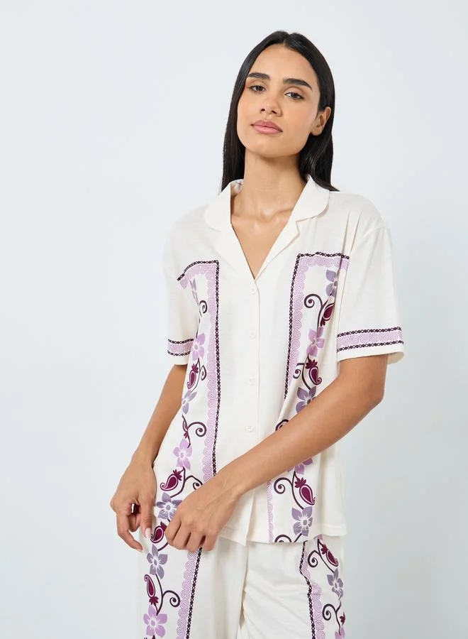 Styli Styli Placement Floral Print Button Through Shirt and Pyjama Set