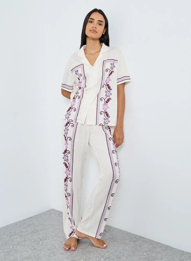Styli Styli Placement Floral Print Button Through Shirt and Pyjama Set