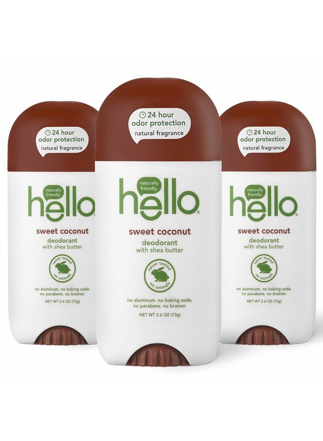 Hello مزيل عرق جوز الهند الحلو مع زبدة الشيا للنساء والرجال، حماية من الروائح لمدة 24 ساعة، بدون ألمنيوم + بدون بيكربونات الصوديوم، نباتي وخالي من البارابين، 2.6 أونصة، 3 قطع - Image 1