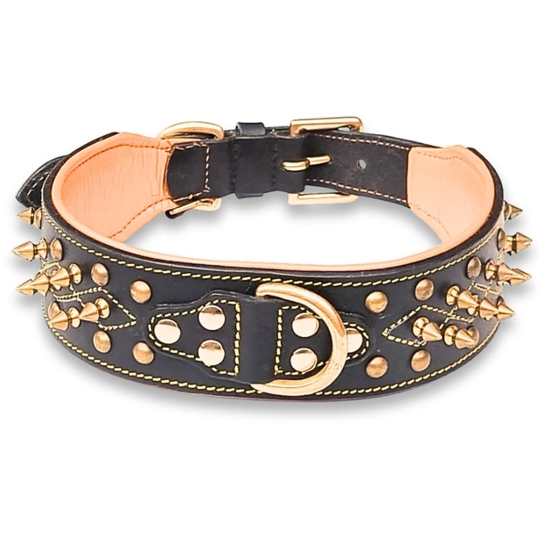 Rubby Premium Leather Dog Collar with Soft Padding, Brass Studs & Brass Spikes, Genuine Leather Collar for Dog, 2 inch Width Heavy Duty Collar for Heavy Dogs (Extra Large) - Image 2