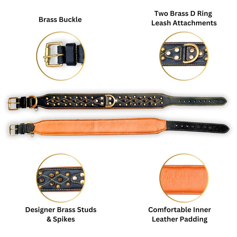 Rubby Premium Leather Dog Collar with Soft Padding, Brass Studs & Brass Spikes, Genuine Leather Collar for Dog, 2 inch Width Heavy Duty Collar for Heavy Dogs (Extra Large) - Image 5