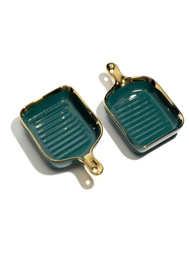 Beyond Homes Ceramic Snack Plates, 9 Inch | Square Dessert Plates with Handle for Baking | Microwave & Dishwasher Safe Serving Platter for Snack, Starters & Dining Table (Teal Gold, Set of 2) - Image 2