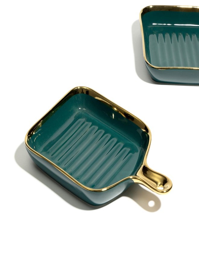 Beyond Homes Ceramic Snack Plates, 9 Inch | Square Dessert Plates with Handle for Baking | Microwave & Dishwasher Safe Serving Platter for Snack, Starters & Dining Table (Teal Gold, Set of 2) - Image 4