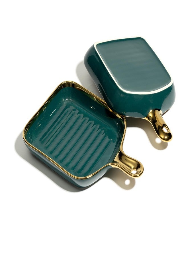 Beyond Homes Ceramic Snack Plates, 9 Inch | Square Dessert Plates with Handle for Baking | Microwave & Dishwasher Safe Serving Platter for Snack, Starters & Dining Table (Teal Gold, Set of 2) - Image 5