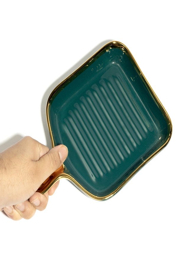 Beyond Homes Ceramic Snack Plates, 9 Inch | Square Dessert Plates with Handle for Baking | Microwave & Dishwasher Safe Serving Platter for Snack, Starters & Dining Table (Teal Gold, Set of 2) - Image 3