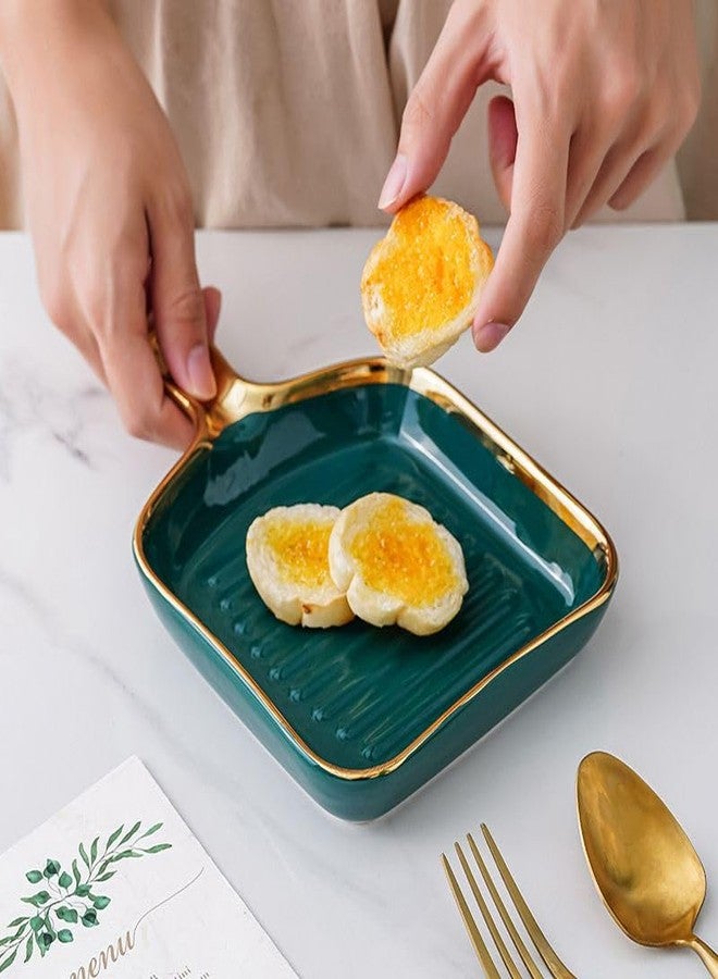 Beyond Homes Ceramic Snack Plates, 9 Inch | Square Dessert Plates with Handle for Baking | Microwave & Dishwasher Safe Serving Platter for Snack, Starters & Dining Table (Teal Gold, Set of 2) - Image 1