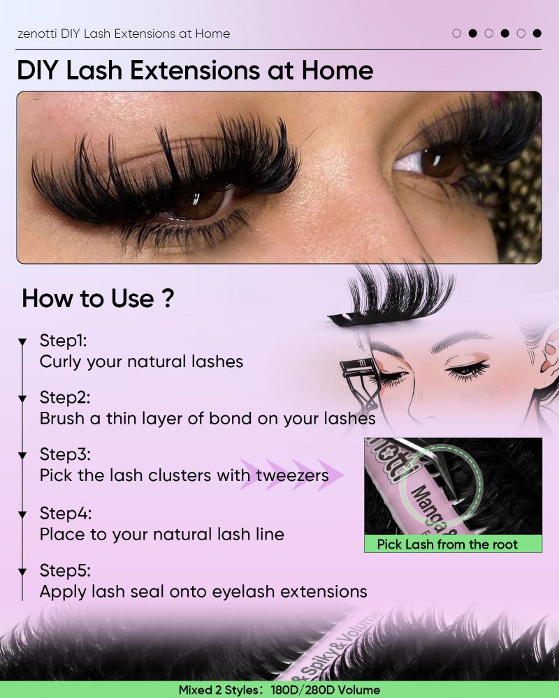 zenotti Fluffy Lash Clusters with Spikes 180D+280D Thick Spiky Cluster Eyelash Extensions 14-24MM Long Lash Clusters Wispy Individual Lashes Manga Eyelashes Extension at Home by zenotti - Image 4