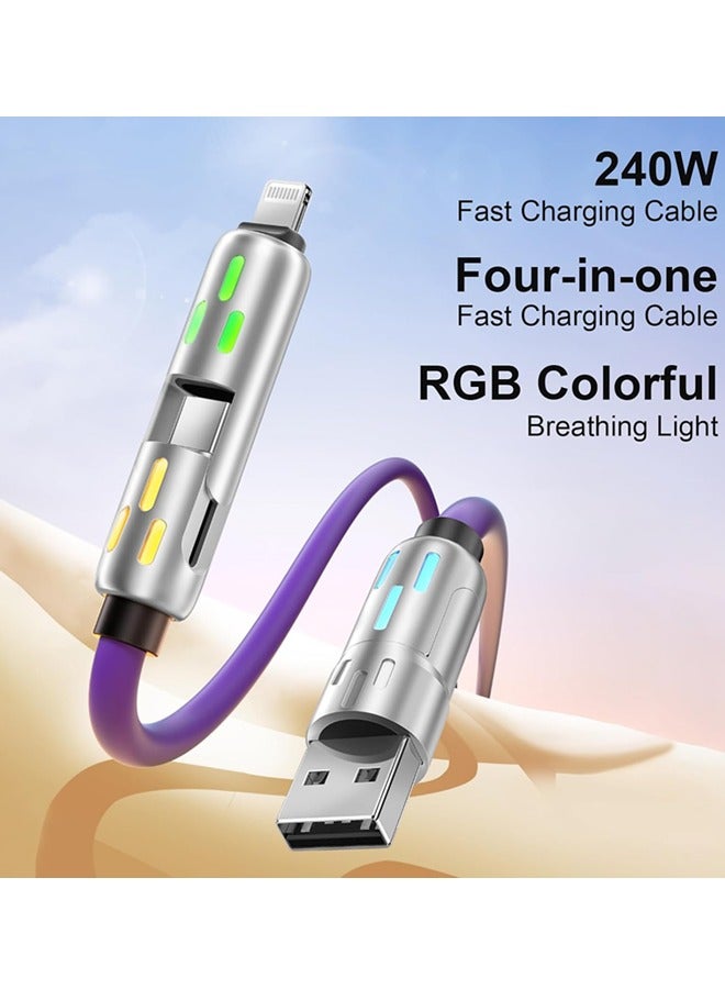 240W 4-in-1 USB C Charging Cable,1.5M Fast Charger Cable with Breathing Light, Multi Charging Cable Compatible with iPhone, Samsung, and Laptops, Silicone, Bending Resistance, Metal Ports (Purple) - Image 2