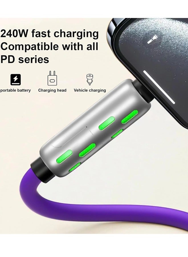 240W 4-in-1 USB C Charging Cable,1.5M Fast Charger Cable with Breathing Light, Multi Charging Cable Compatible with iPhone, Samsung, and Laptops, Silicone, Bending Resistance, Metal Ports (Purple) - Image 3