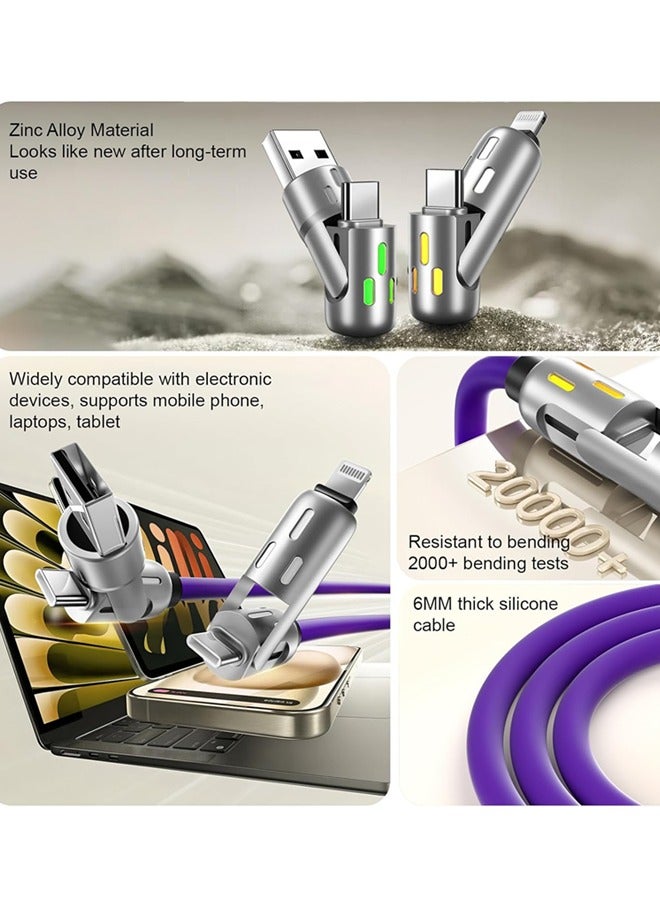 240W 4-in-1 USB C Charging Cable,1.5M Fast Charger Cable with Breathing Light, Multi Charging Cable Compatible with iPhone, Samsung, and Laptops, Silicone, Bending Resistance, Metal Ports (Purple) - Image 5