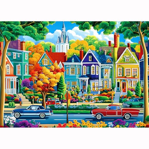 Blueforest Fall City Landscape Puzzles for Adults 1000 Pieces Funny Colorful Autumn Vibrant Stree Jigsaw Puzzles 1000 Pieces Challenging Family Puzzle with Letters on Back Games Gift for Boys and Girls - Image 1