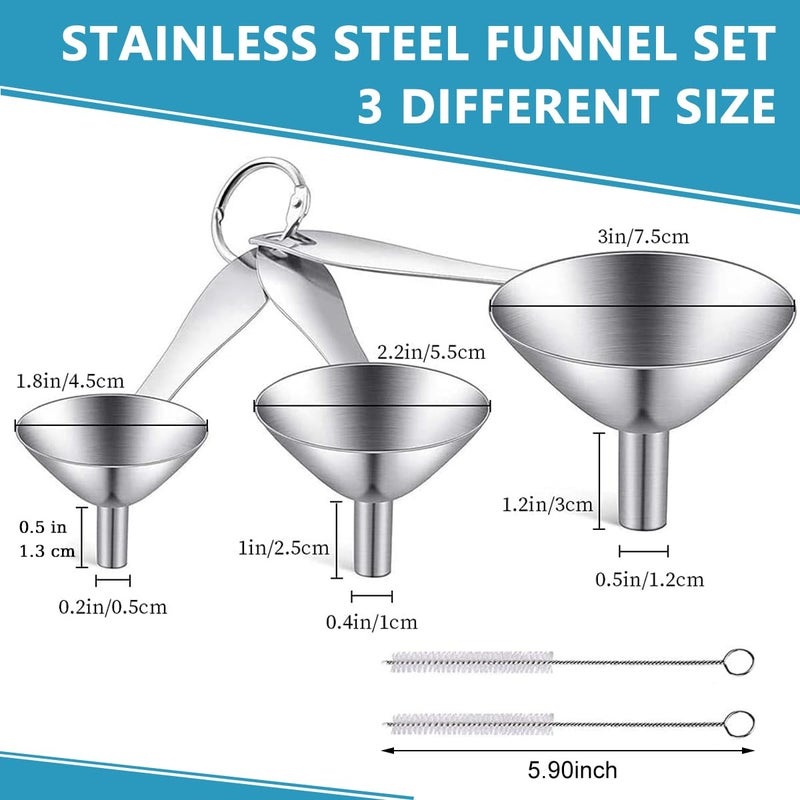 Supvox 3Pcs Metal Stainless Steel Long Handle Funnel with 2 Clean Brushes 3 Sizes 05in08in12inch Funnel Nozzle Small Kitchen Funnel Set for Transferring Essential Liquid Fluid Spice - Image 2