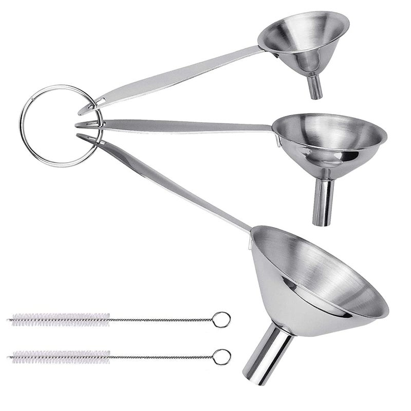 Supvox 3Pcs Metal Stainless Steel Long Handle Funnel with 2 Clean Brushes 3 Sizes 05in08in12inch Funnel Nozzle Small Kitchen Funnel Set for Transferring Essential Liquid Fluid Spice - Image 1