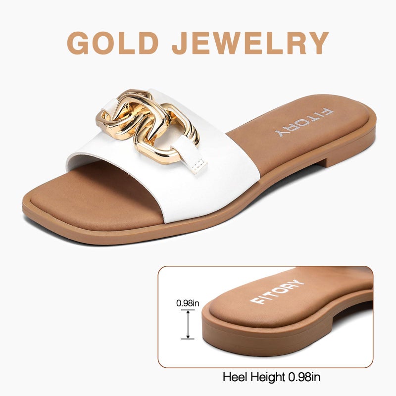 FITORY Women's Flat Sandals Fashion Slides With Soft Leather Slippers for White Summer Size 7 - Image 3