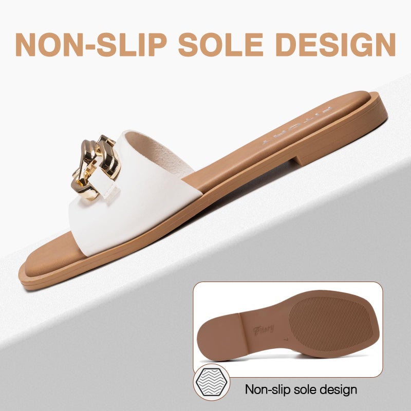 FITORY Women's Flat Sandals Fashion Slides With Soft Leather Slippers for White Summer Size 7 - Image 4