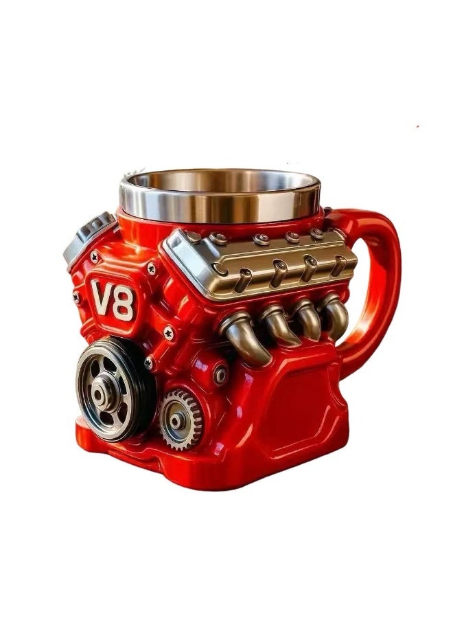 كوب قهوة بتصميم محرك V8، أحمر من الراتنج مع بطانة ستانلس ستيل، كوب إبداعي بنمط سترينجر ثينجز للمنزل والمكتب - Image 5