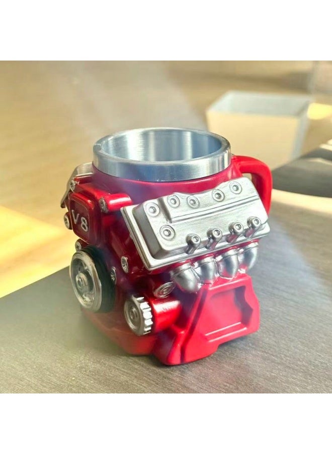 كوب قهوة بتصميم محرك V8، أحمر من الراتنج مع بطانة ستانلس ستيل، كوب إبداعي بنمط سترينجر ثينجز للمنزل والمكتب - Image 1