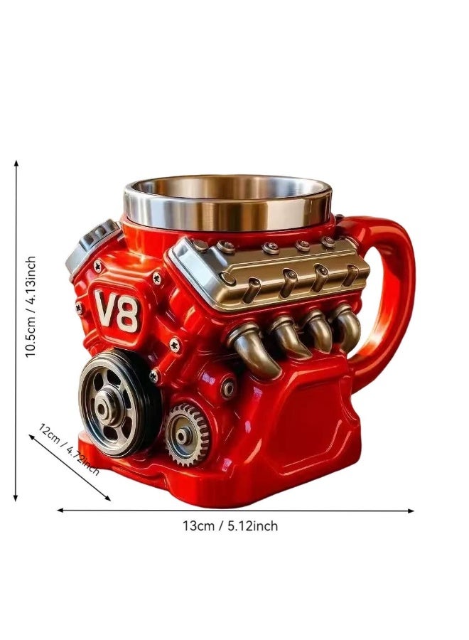 كوب قهوة بتصميم محرك V8، أحمر من الراتنج مع بطانة ستانلس ستيل، كوب إبداعي بنمط سترينجر ثينجز للمنزل والمكتب - Image 3