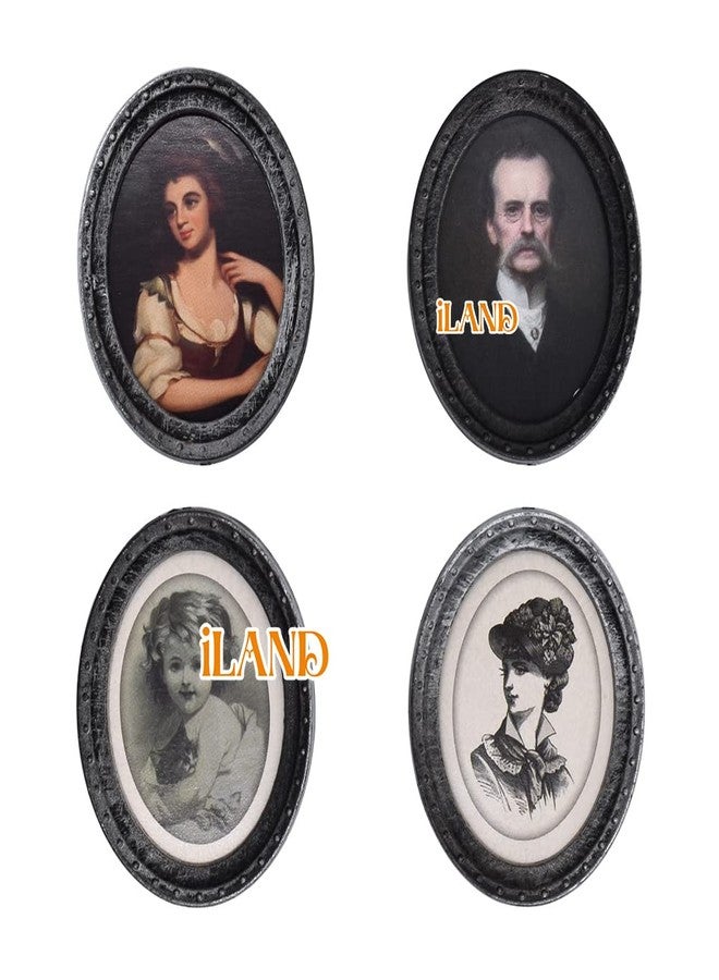 iLAND Miniature Dollhouse Accessories for Victorian Dollhouse Furniture, Frames w/Printed Classical Paintings Set (4 Dark Brass Oval Frames w/ 4 Portraits) - Image 2