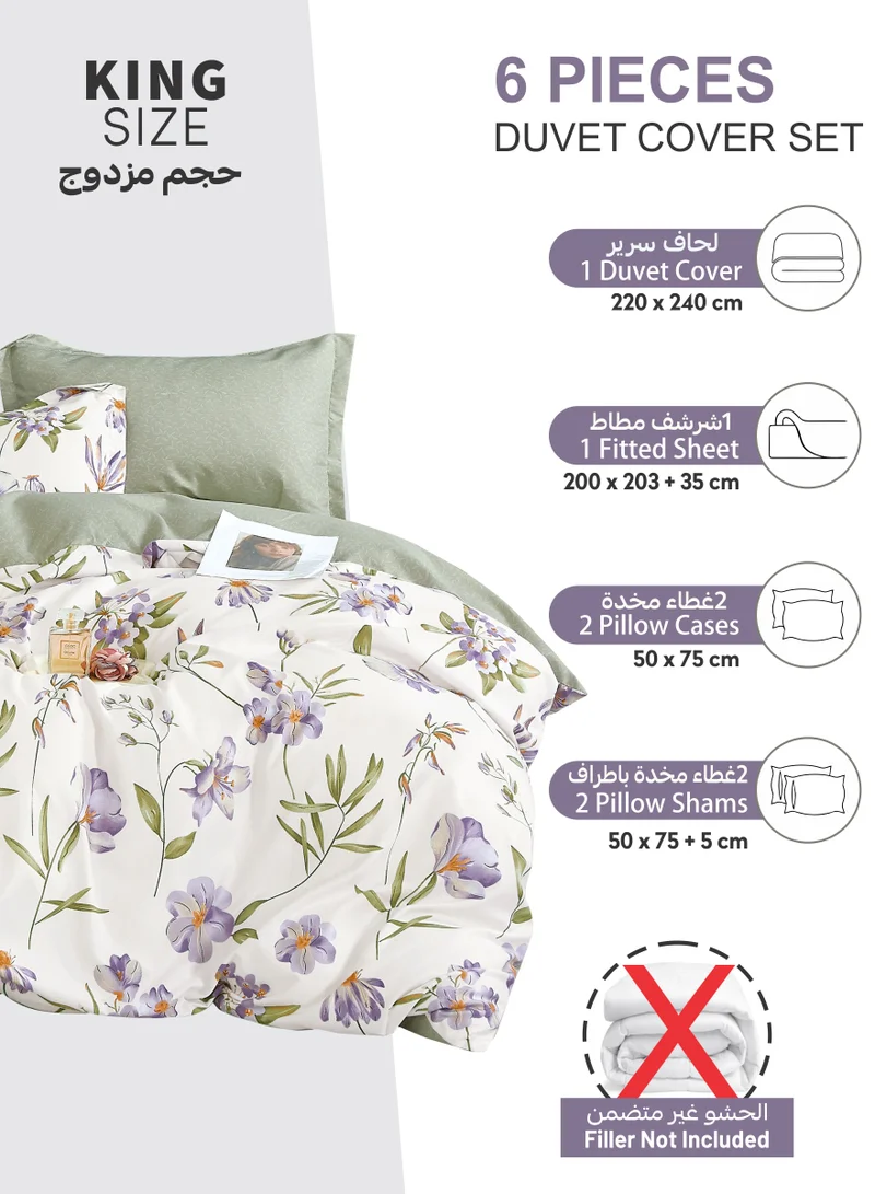 Donetella Printed Duvet Set, King Size 220x240 cm - 6-Pcs Bed Set, Microfiber Fabric - 1 Duvet Cover, 1 Fitted Sheet, 2 Pillow Shams, 2 Pillowcases (Filler Not Included)