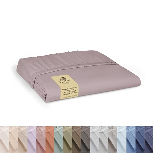 Linen Home 100% Cotton Percale Weave Fitted Sheet, Twin Size, Mauve Lavender, 1 Deep Pocket Fitted Sheet, Fits Mattress Upto 16" Crisp and Cool Strong Bed Linen, 39"X75"+15"