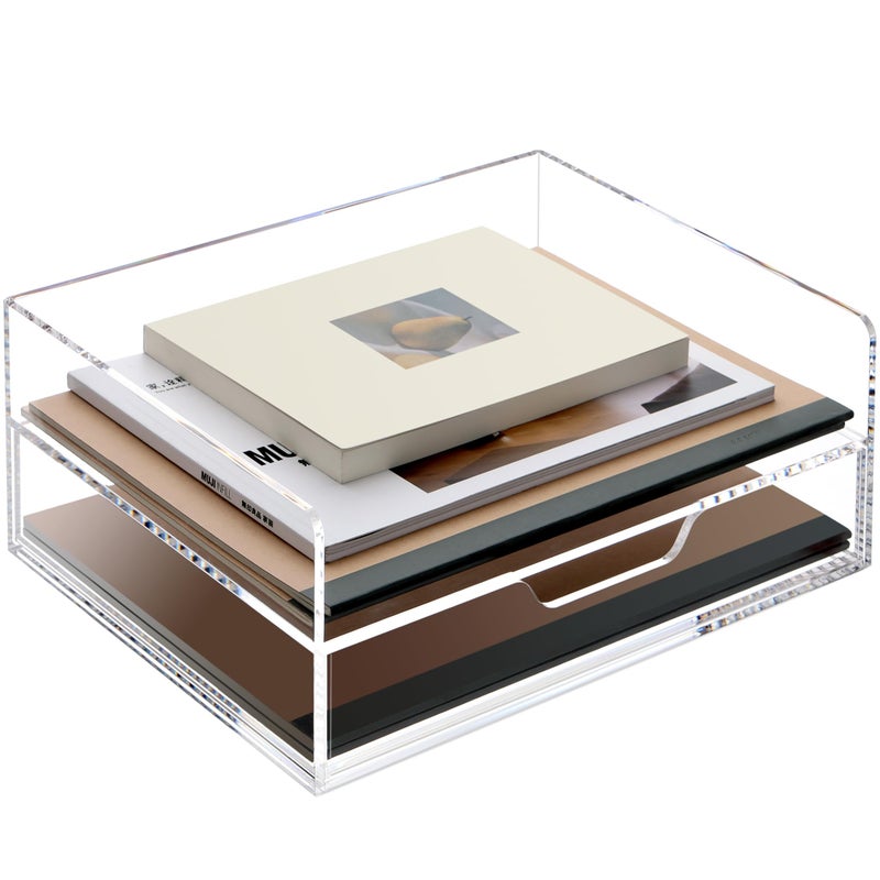 SANRUI 2Tier Paper Letter Tray Organizer with Sliding DrawerStackable Desk OrganizerAcrylic Paper Tray for OfficeHome or SchoolClear