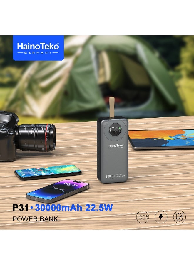 هينو تيكو بنك طاقة HainoTeko P31 بسعة 30000 مللي أمبير مع شحن سريع بقوة 22.5 واط وشاشة LED رقمية وكابل مدمج، لون أسود - Image 2