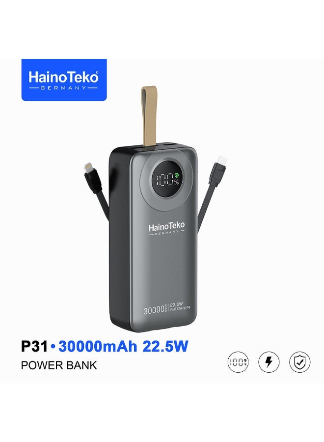 هينو تيكو بنك طاقة HainoTeko P31 بسعة 30000 مللي أمبير مع شحن سريع بقوة 22.5 واط وشاشة LED رقمية وكابل مدمج، لون أسود - Image 1