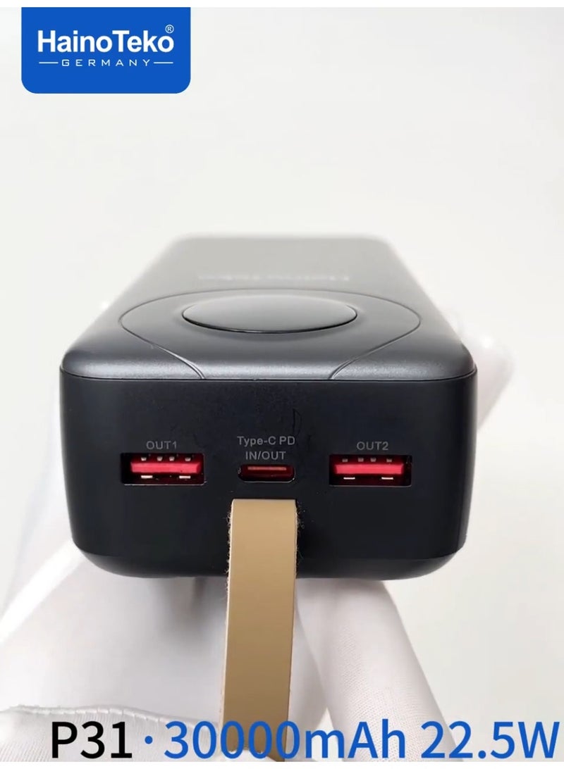هينو تيكو بنك طاقة HainoTeko P31 بسعة 30000 مللي أمبير مع شحن سريع بقوة 22.5 واط وشاشة LED رقمية وكابل مدمج، لون أسود - Image 4