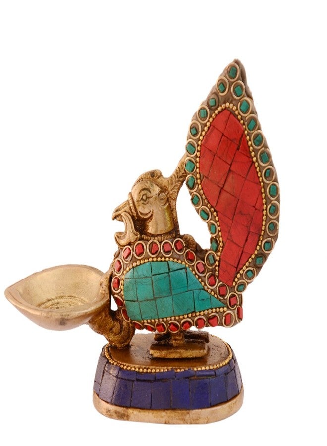 بيربلديب Purpledip Unique Peacock Deepak Deepam Diya (Kuthu Vilakku) من النحاس النقي مع أحجار كريمة مذهلة، أفكار هدايا دينية هندية (10995) - Image 2
