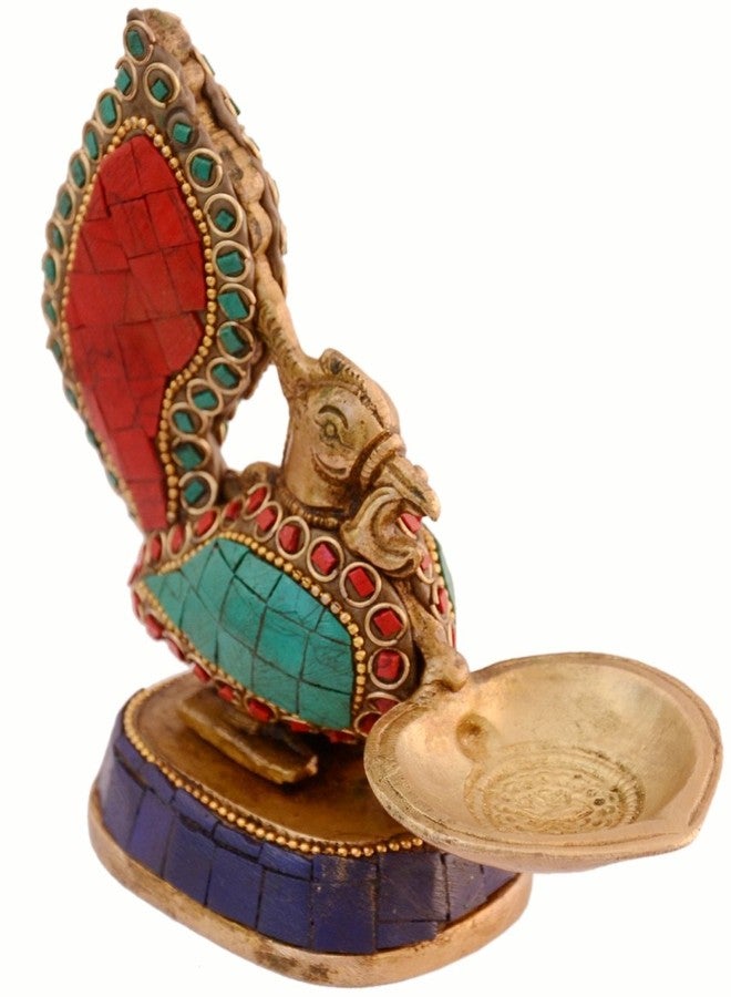 بيربلديب Purpledip Unique Peacock Deepak Deepam Diya (Kuthu Vilakku) من النحاس النقي مع أحجار كريمة مذهلة، أفكار هدايا دينية هندية (10995) - Image 5