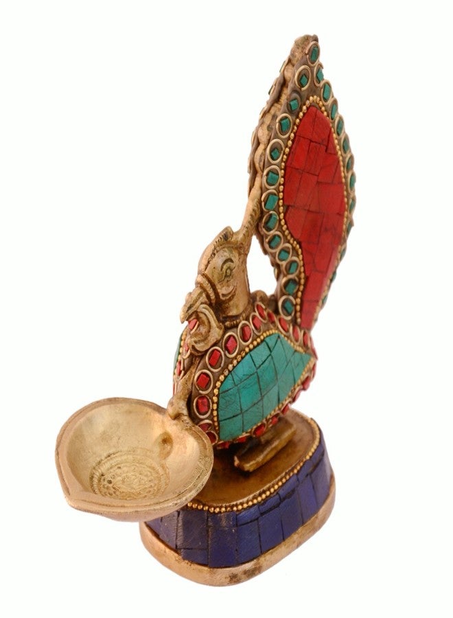 بيربلديب Purpledip Unique Peacock Deepak Deepam Diya (Kuthu Vilakku) من النحاس النقي مع أحجار كريمة مذهلة، أفكار هدايا دينية هندية (10995) - Image 3