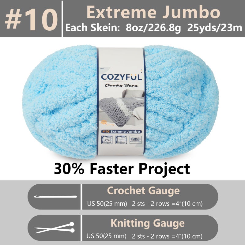 Cozyful Chunky Yarn for Hand Knitting - #10 Chunky Chenille Yarn, Jumbo Big Thick Chunky Yarns for Crocheting, Super Bulky Chunky Knit Blanket Yarns, 8 Skein (25 yds 8 oz Each Skein), Sky Blue - Image 2