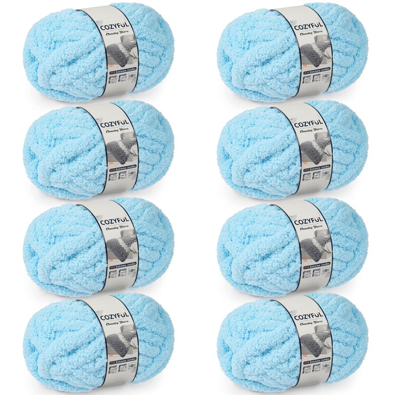 Cozyful Chunky Yarn for Hand Knitting - #10 Chunky Chenille Yarn, Jumbo Big Thick Chunky Yarns for Crocheting, Super Bulky Chunky Knit Blanket Yarns, 8 Skein (25 yds 8 oz Each Skein), Sky Blue - Image 1